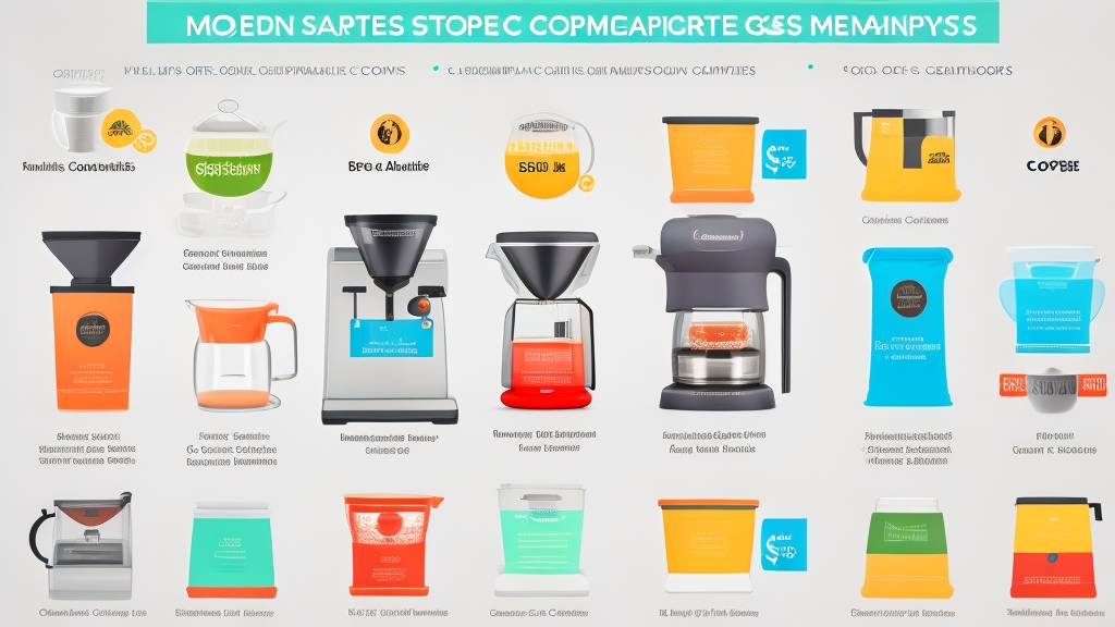 Részletes összehasonlító táblázat infografika három kávéfőző típusról előnyökkel hátrányokkal és értékelésekkel modern grafikus dizájnban
